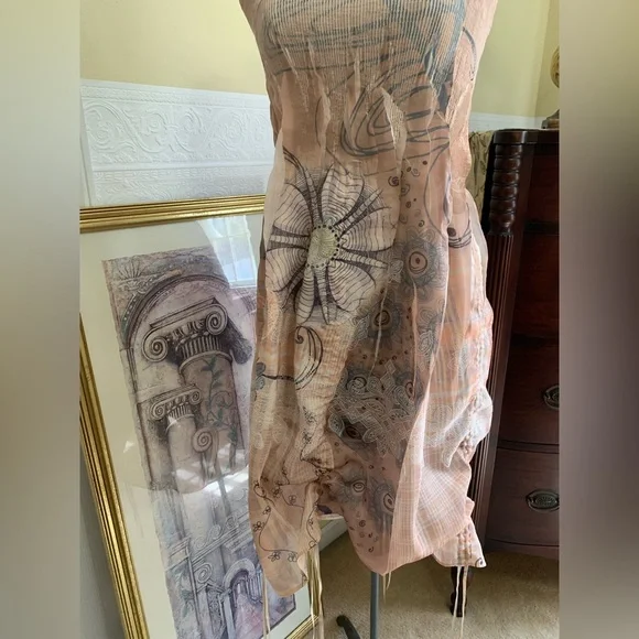 Vintage 90’s Dress Strapless Abstract Floral Beige With Pull-string Hem Size Med - Picture 7 of 10
